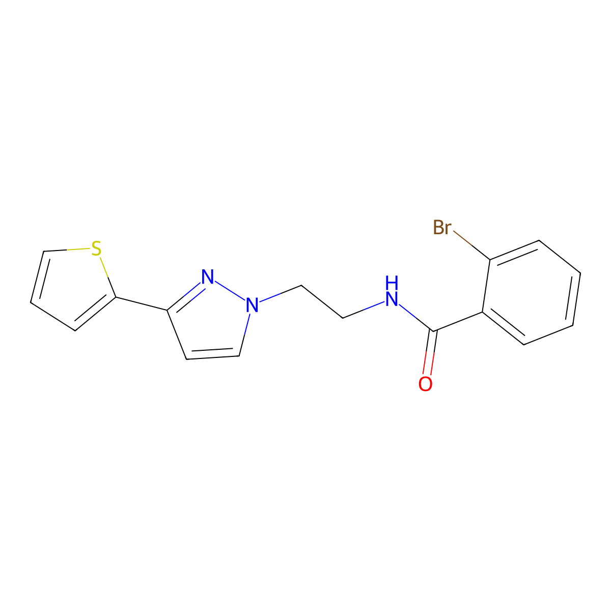 2-bromo-N-(2-(3-(thiophen-2-yl)-1H-pyrazol-1-yl)ethyl)benzamide molecular structure, CAS 1797328-48-3