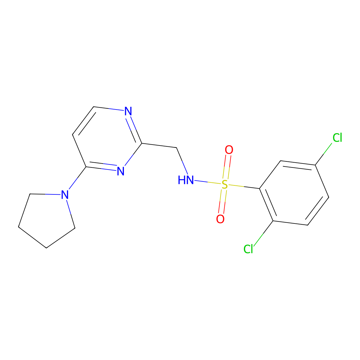 2,5-dichloro-N-((4-(pyrrolidin-1-yl)pyrimidin-2-yl)methyl)benzenesulfonamide molecular structure, CAS 1797328-52-9