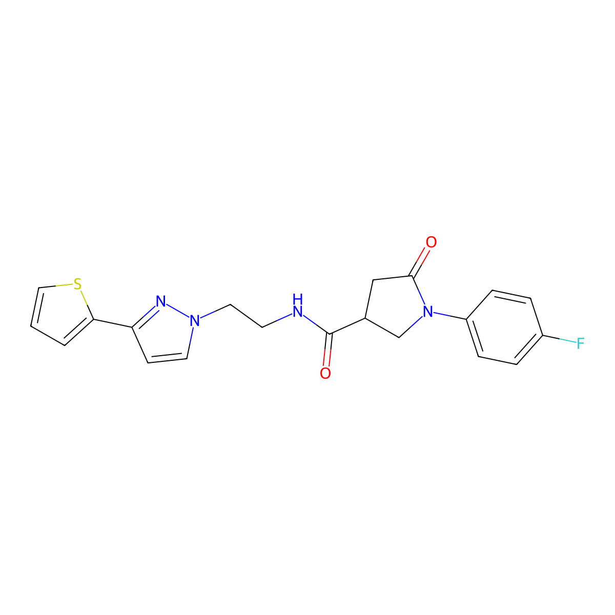 1-(4-fluorophenyl)-5-oxo-N-(2-(3-(thiophen-2-yl)-1H-pyrazol-1-yl)ethyl)pyrrolidine-3-carboxamide molecular structure, CAS 1797328-59-6