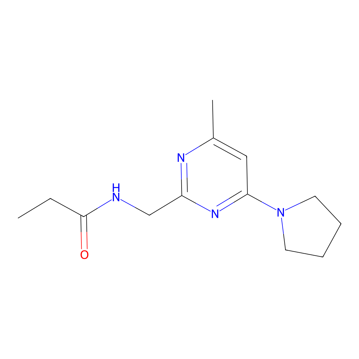 N-((4-methyl-6-(pyrrolidin-1-yl)pyrimidin-2-yl)methyl)propionamide molecular structure, CAS 1797328-61-0