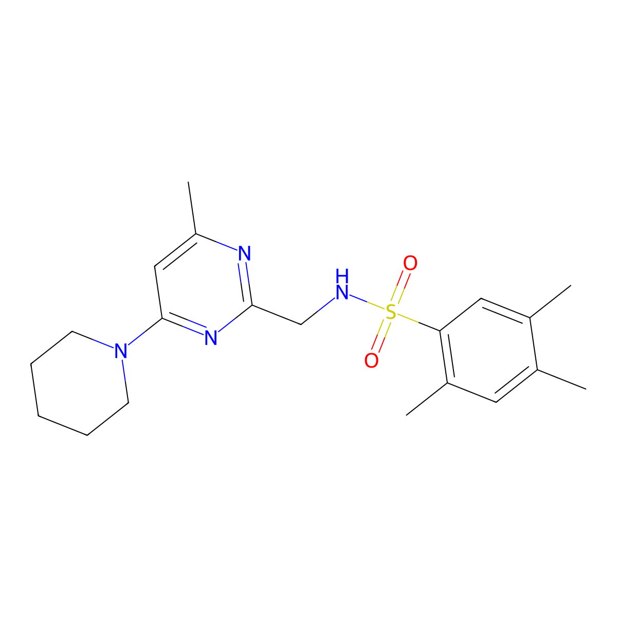 2,4,5-trimethyl-N-((4-methyl-6-(piperidin-1-yl)pyrimidin-2-yl)methyl)benzenesulfonamide molecular structure, CAS 1797328-73-4
