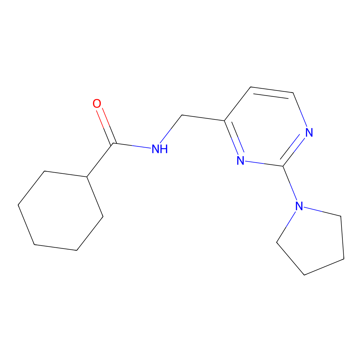 N-{[2-(pyrrolidin-1-yl)pyrimidin-4-yl]methyl}cyclohexanecarboxamide molecular structure, CAS 1797330-33-6