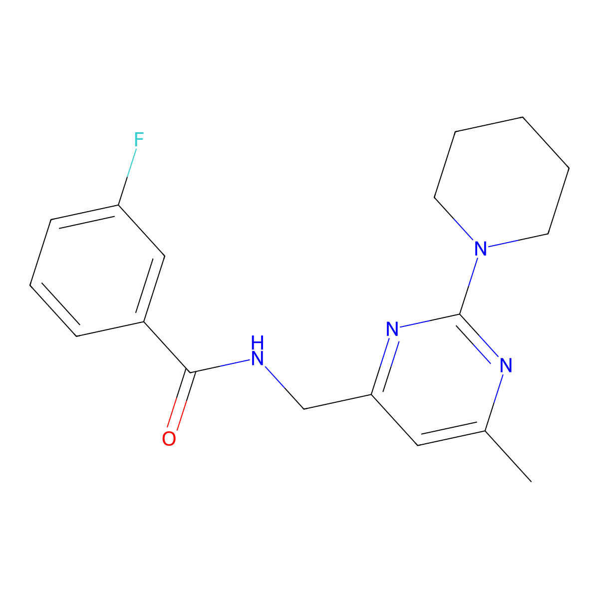 3-fluoro-N-{[6-methyl-2-(piperidin-1-yl)pyrimidin-4-yl]methyl}benzamide molecular structure, CAS 1797330-67-6