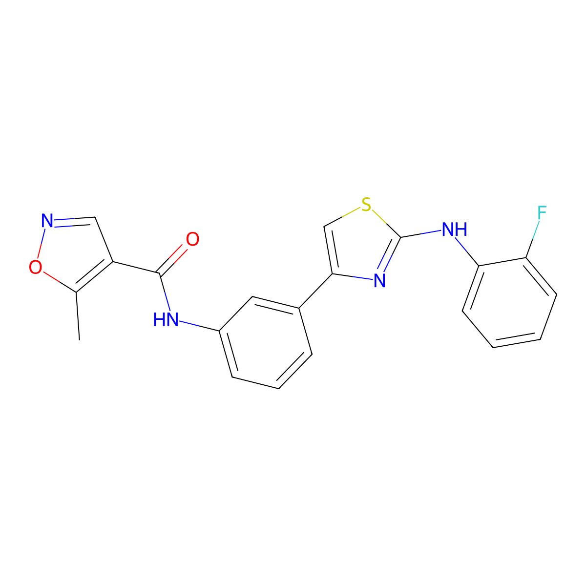 N-(3-(2-((2-fluorophenyl)amino)thiazol-4-yl)phenyl)-5-methylisoxazole-4-carboxamide molecular structure, CAS 1797334-60-1