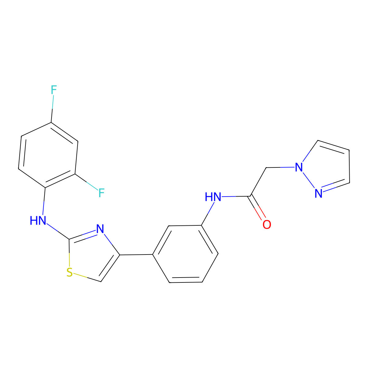 N-(3-(2-((2,4-difluorophenyl)amino)thiazol-4-yl)phenyl)-2-(1H-pyrazol-1-yl)acetamide molecular structure, CAS 1797334-65-6