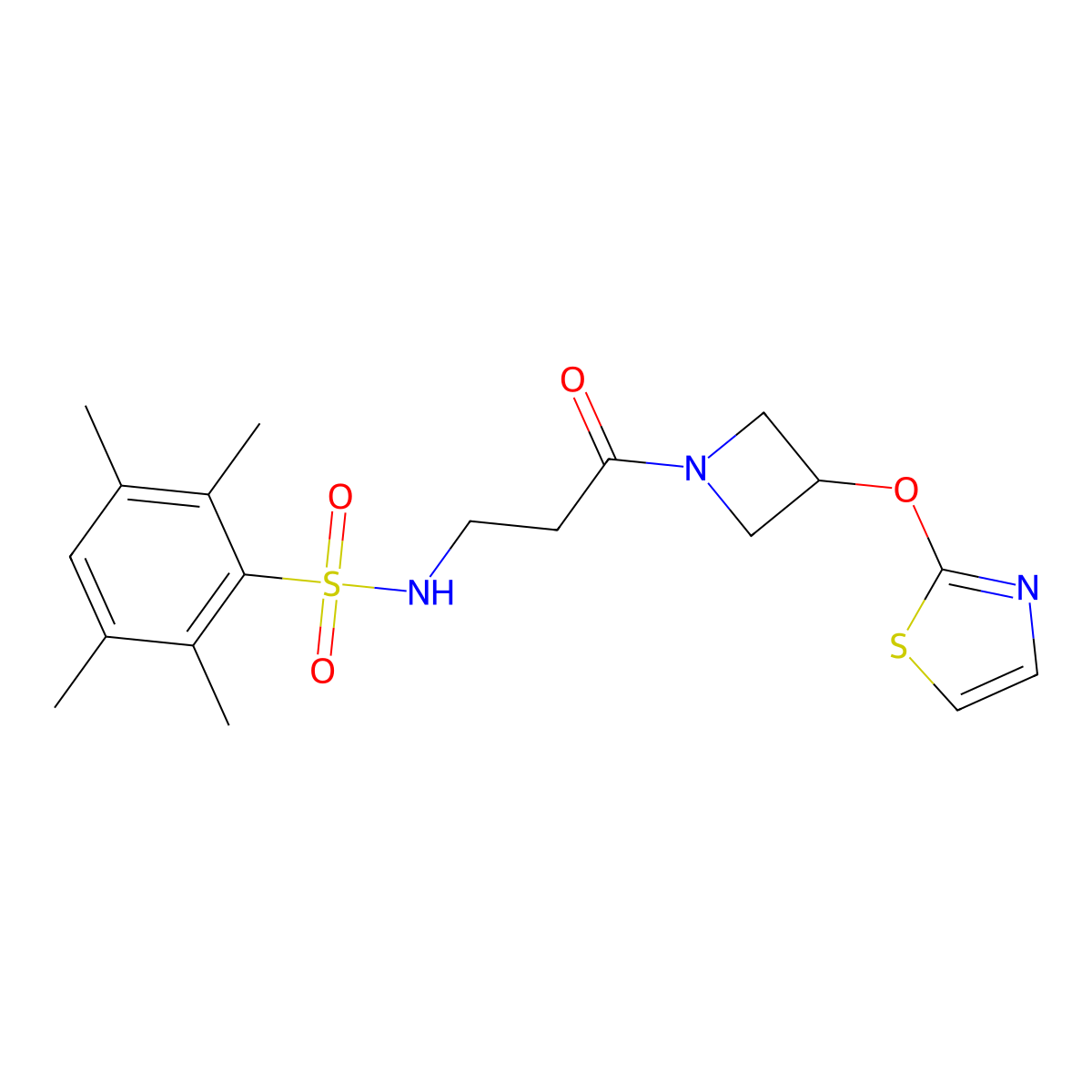 2,3,5,6-tetramethyl-N-(3-oxo-3-(3-(thiazol-2-yloxy)azetidin-1-yl)propyl)benzenesulfonamide molecular structure, CAS 1797335-63-7