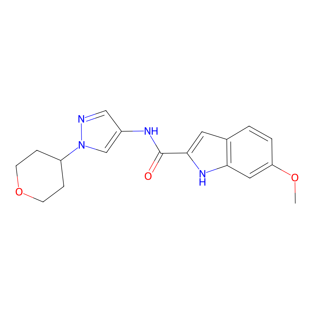 6-methoxy-N-(1-(tetrahydro-2H-pyran-4-yl)-1H-pyrazol-4-yl)-1H-indole-2-carboxamide molecular structure, CAS 1797335-68-2