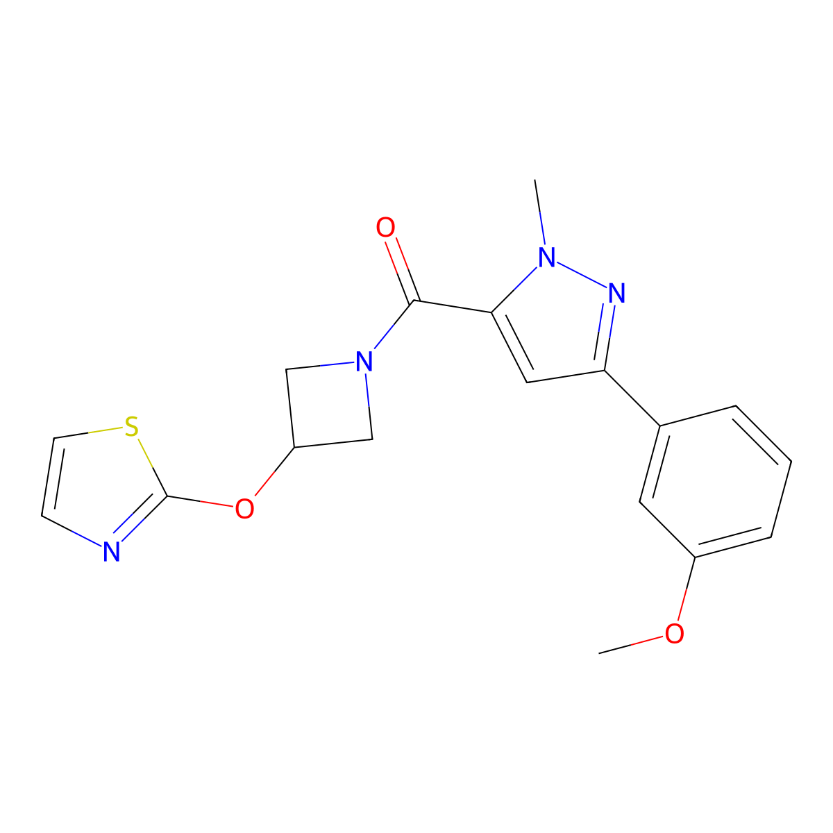 (3-(3-methoxyphenyl)-1-methyl-1H-pyrazol-5-yl)(3-(thiazol-2-yloxy)azetidin-1-yl)methanone molecular structure, CAS 1797335-72-8