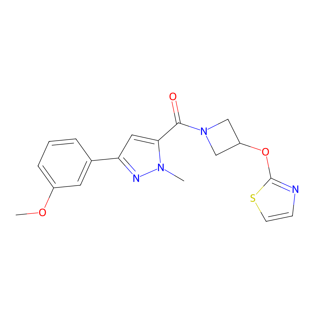 (3-(3-methoxyphenyl)-1-methyl-1H-pyrazol-5-yl)(3-(thiazol-2-yloxy)azetidin-1-yl)methanone molecular structure, CAS 1797335-72-8