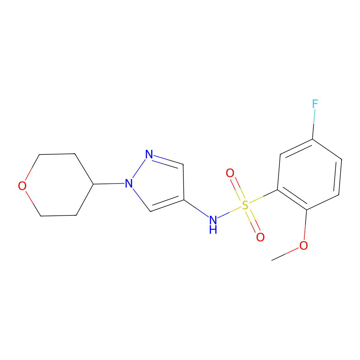5-fluoro-2-methoxy-N-(1-(tetrahydro-2H-pyran-4-yl)-1H-pyrazol-4-yl)benzenesulfonamide molecular structure, CAS 1797335-83-1
