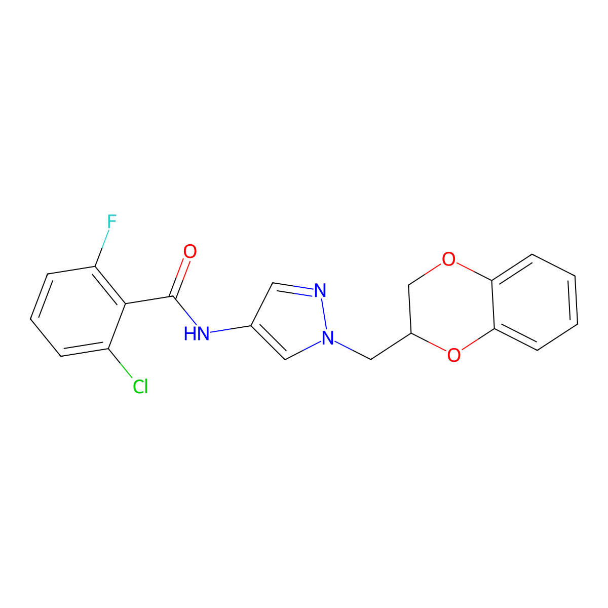 2-chloro-N-{1-[(2,3-dihydro-1,4-benzodioxin-2-yl)methyl]-1H-pyrazol-4-yl}-6-fluorobenzamide molecular structure, CAS 1797336-12-9