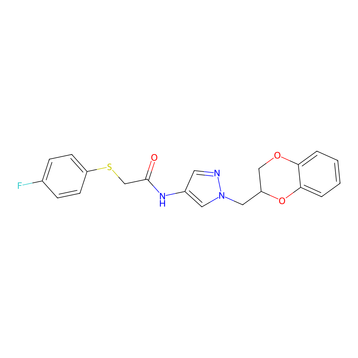 N-(1-((2,3-dihydrobenzo[b][1,4]dioxin-2-yl)methyl)-1H-pyrazol-4-yl)-2-((4-fluorophenyl)thio)acetamide molecular structure, CAS 1797336-39-0