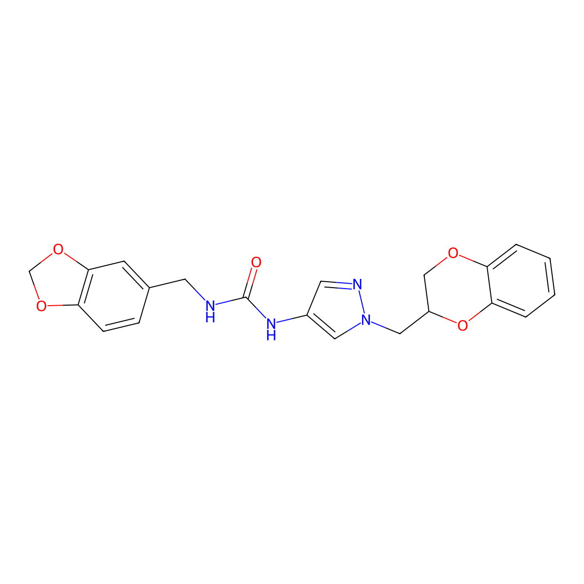 1-(benzo[d][1,3]dioxol-5-ylmethyl)-3-(1-((2,3-dihydrobenzo[b][1,4]dioxin-2-yl)methyl)-1H-pyrazol-4-yl)urea molecular structure, CAS 1797336-92-5