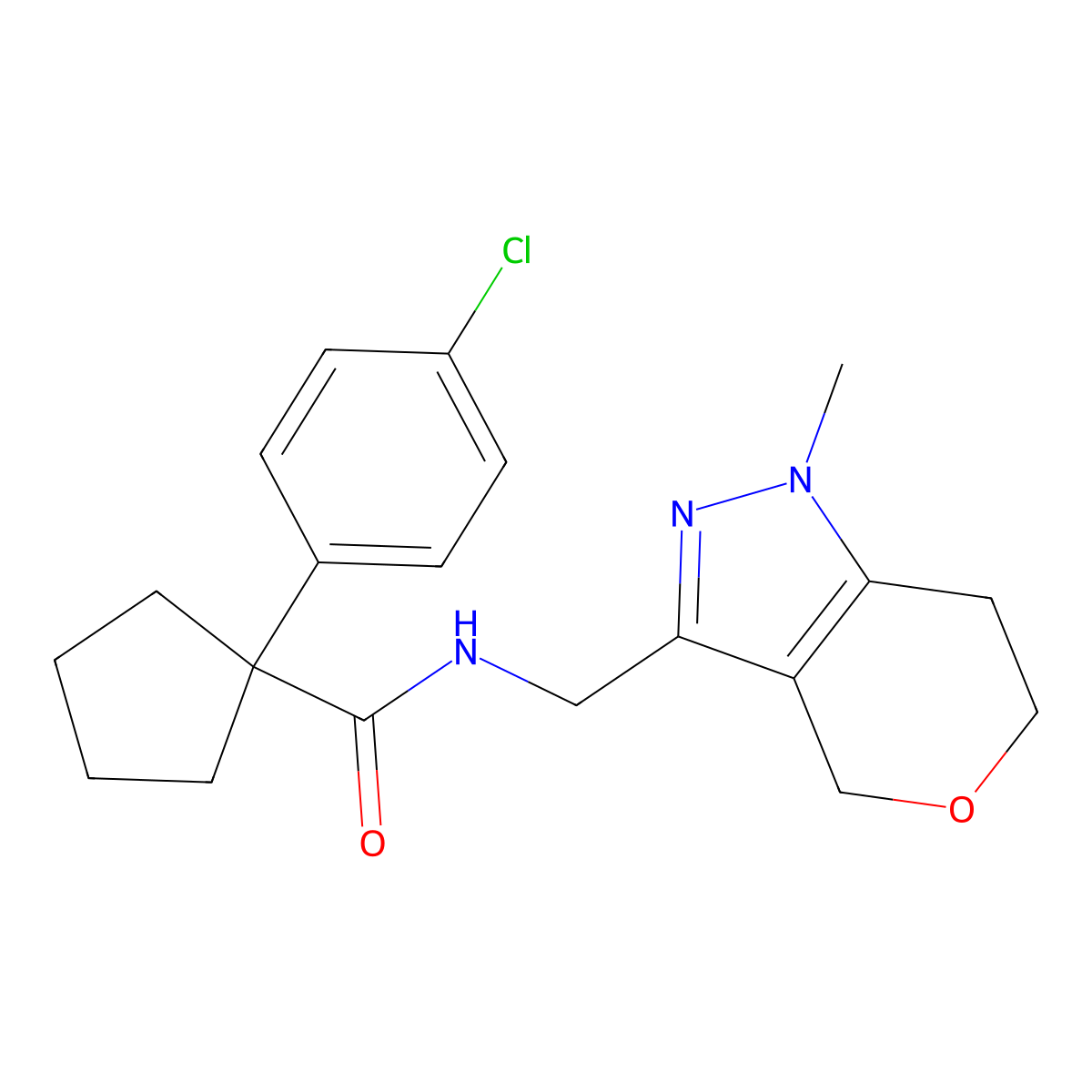 1-(4-chlorophenyl)-N-({1-methyl-1H,4H,6H,7H-pyrano[4,3-c]pyrazol-3-yl}methyl)cyclopentane-1-carboxamide molecular structure, CAS 1797340-90-9