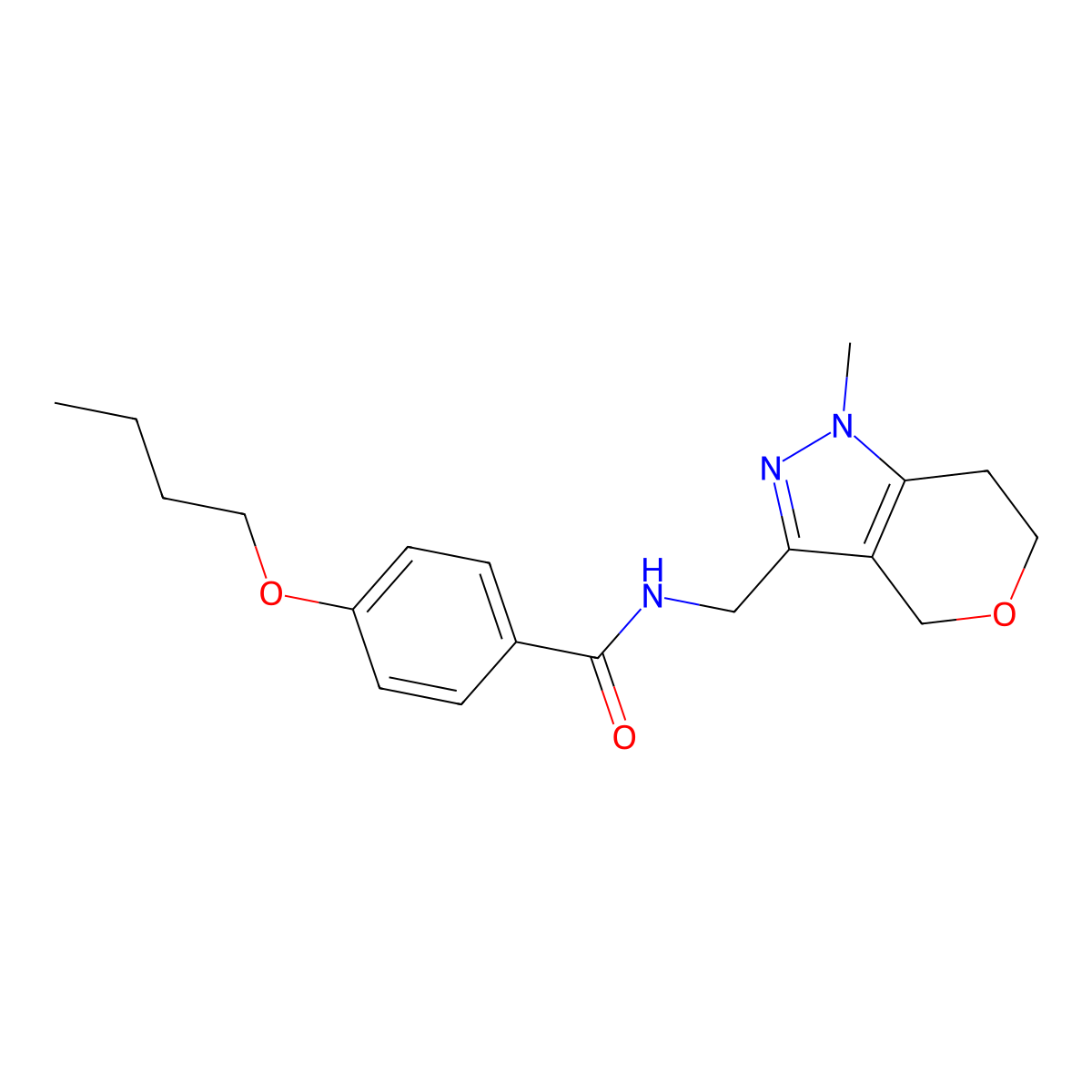 4-butoxy-N-((1-methyl-1,4,6,7-tetrahydropyrano[4,3-c]pyrazol-3-yl)methyl)benzamide molecular structure, CAS 1797340-91-0