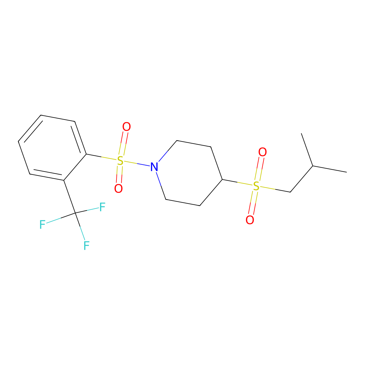 4-(Isobutylsulfonyl)-1-((2-(trifluoromethyl)phenyl)sulfonyl)piperidine molecular structure, CAS 1797341-72-0