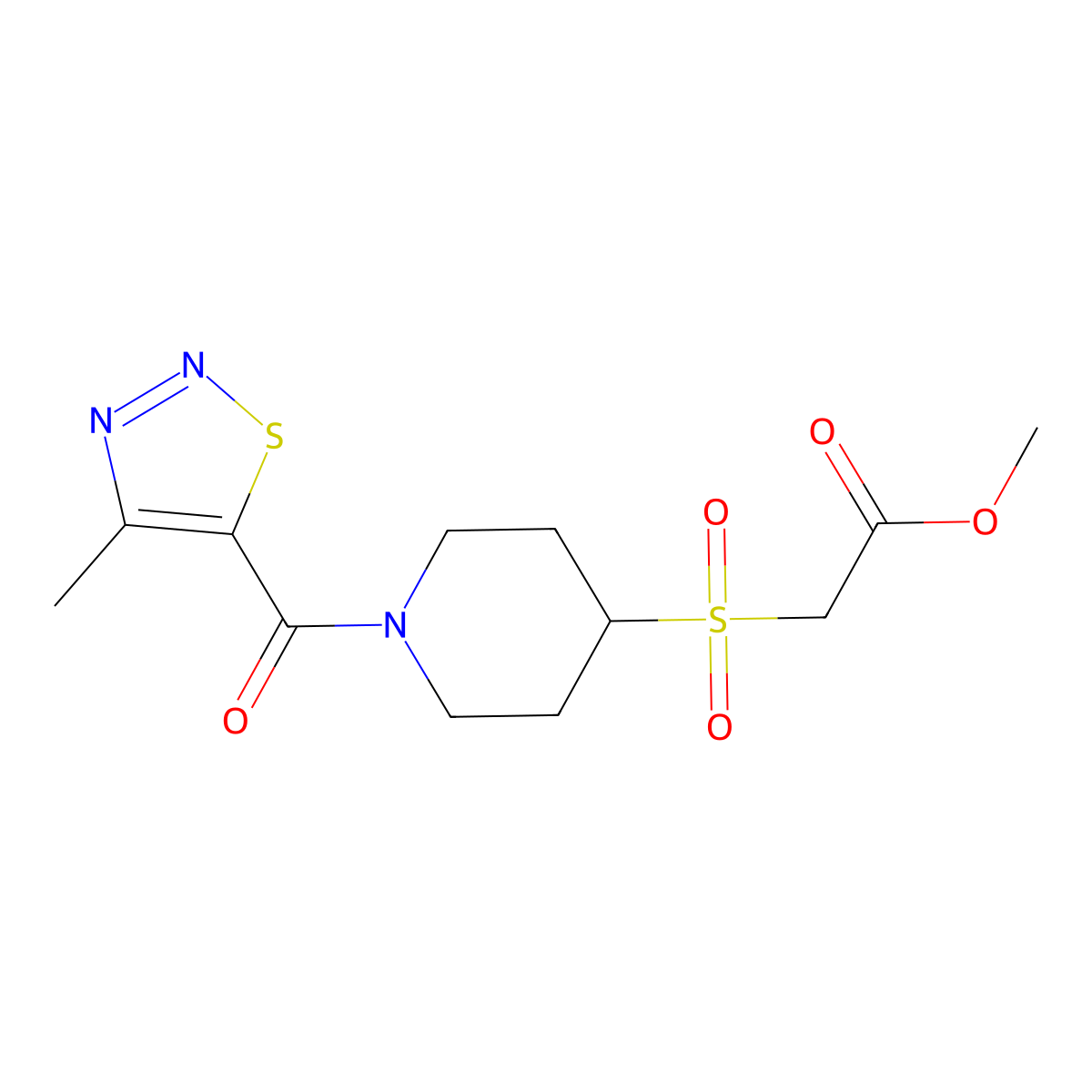Methyl 2-((1-(4-methyl-1,2,3-thiadiazole-5-carbonyl)piperidin-4-yl)sulfonyl)acetate molecular structure, CAS 1797341-98-0