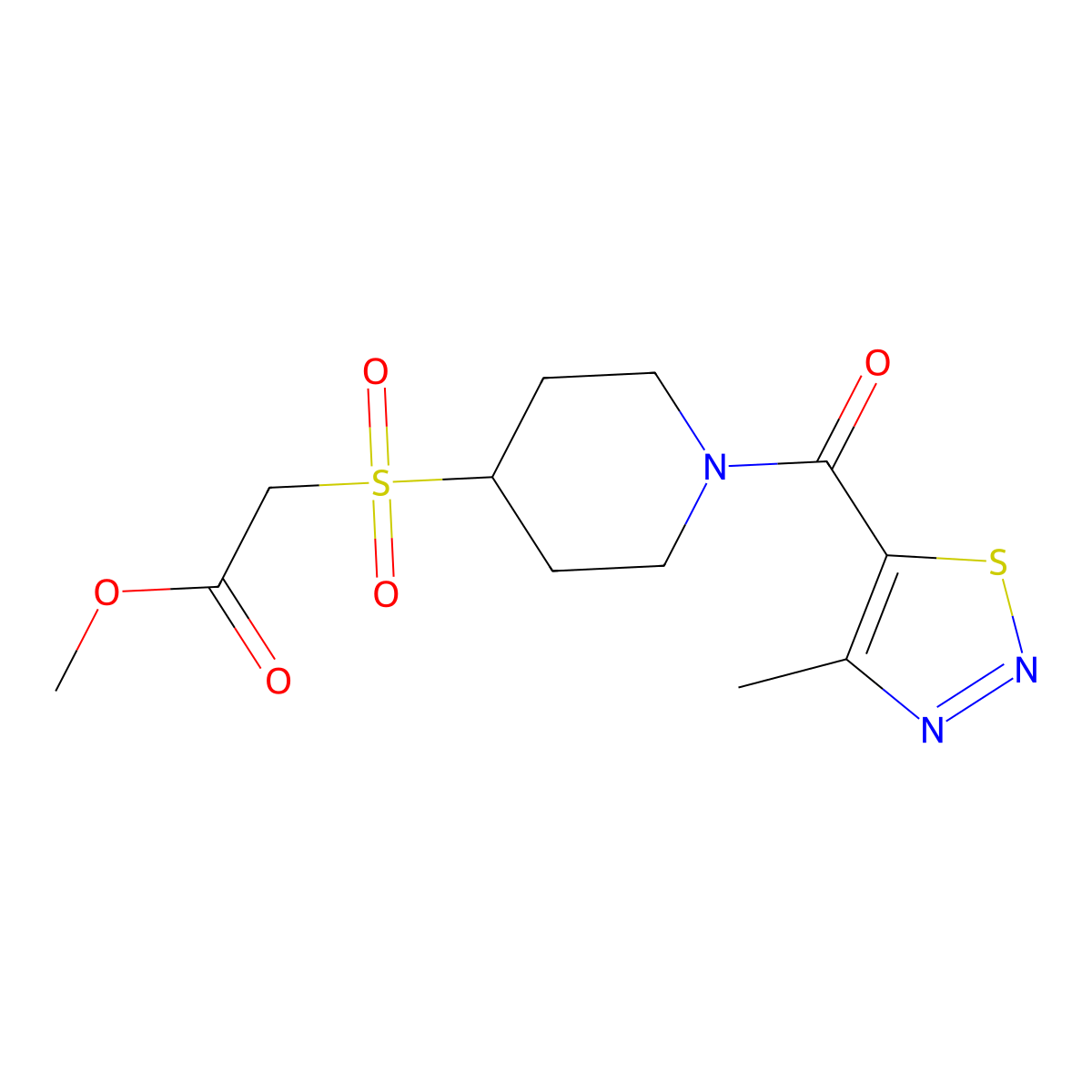 Methyl 2-((1-(4-methyl-1,2,3-thiadiazole-5-carbonyl)piperidin-4-yl)sulfonyl)acetate molecular structure, CAS 1797341-98-0