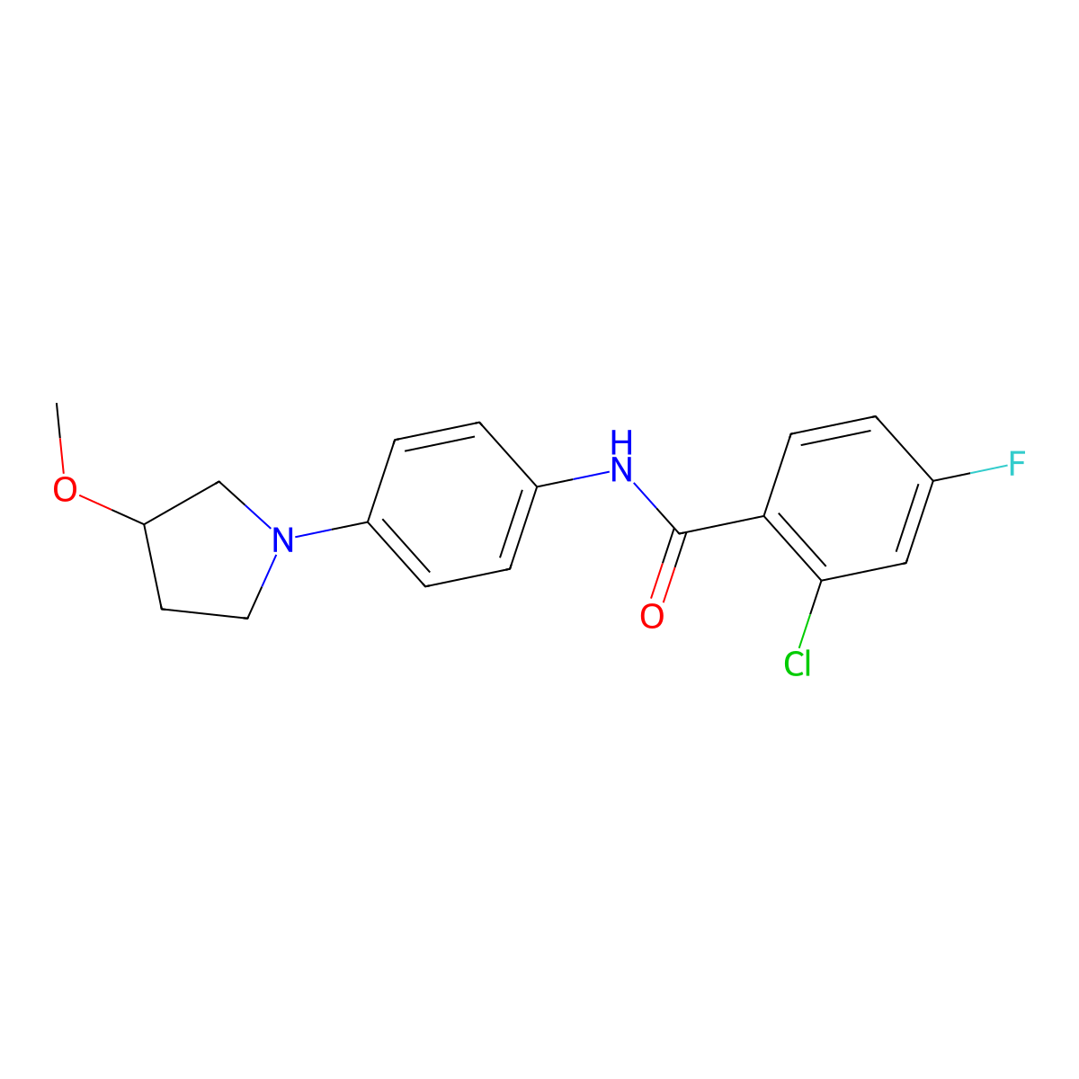 2-Chloro-4-fluoro-N-[4-(3-methoxypyrrolidin-1-yl)phenyl]benzamide molecular structure, CAS 1797344-46-7