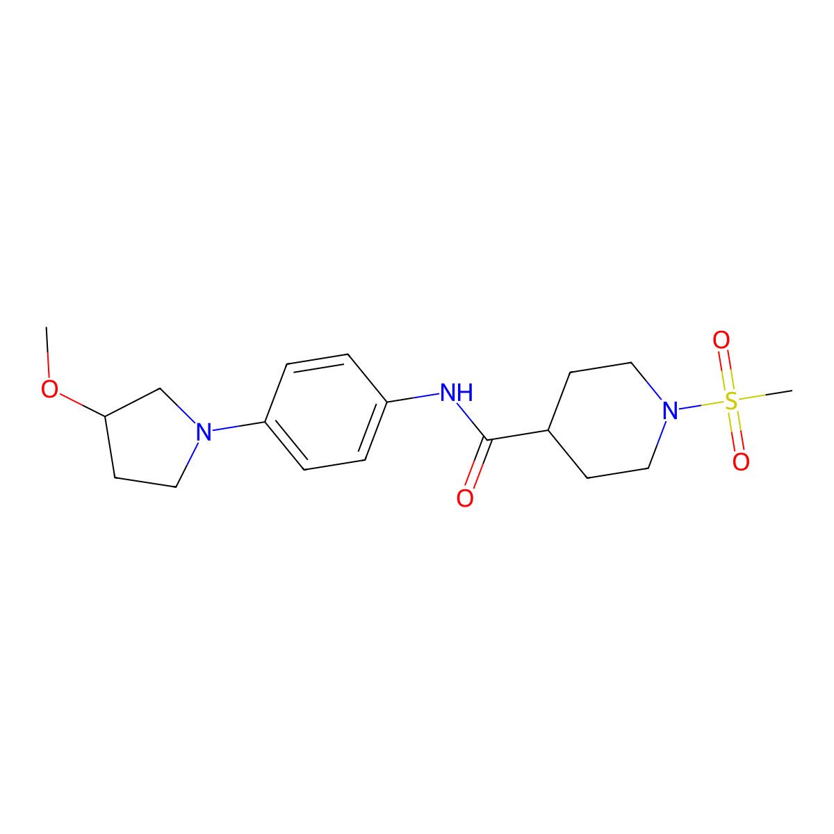 N-(4-(3-methoxypyrrolidin-1-yl)phenyl)-1-(methylsulfonyl)piperidine-4-carboxamide molecular structure, CAS 1797344-53-6