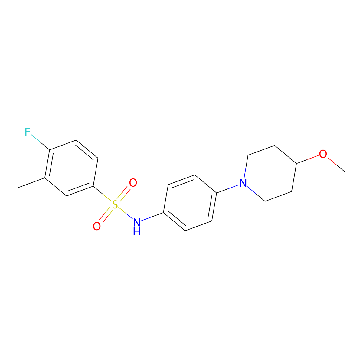 4-fluoro-N-(4-(4-methoxypiperidin-1-yl)phenyl)-3-methylbenzenesulfonamide molecular structure, CAS 1797344-98-9