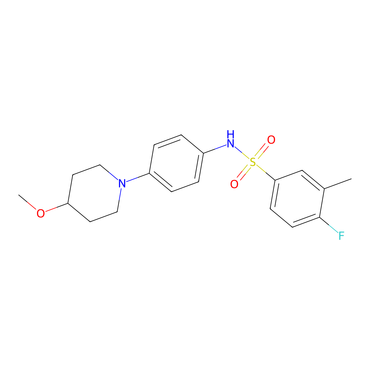 4-fluoro-N-(4-(4-methoxypiperidin-1-yl)phenyl)-3-methylbenzenesulfonamide molecular structure, CAS 1797344-98-9