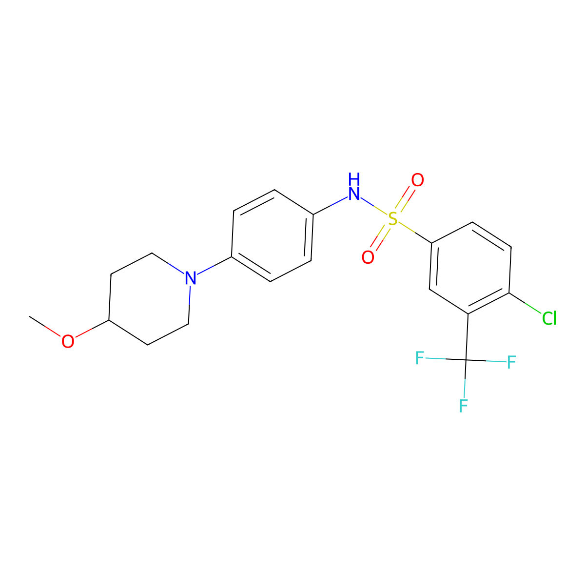 4-chloro-N-(4-(4-methoxypiperidin-1-yl)phenyl)-3-(trifluoromethyl)benzenesulfonamide molecular structure, CAS 1797345-10-8