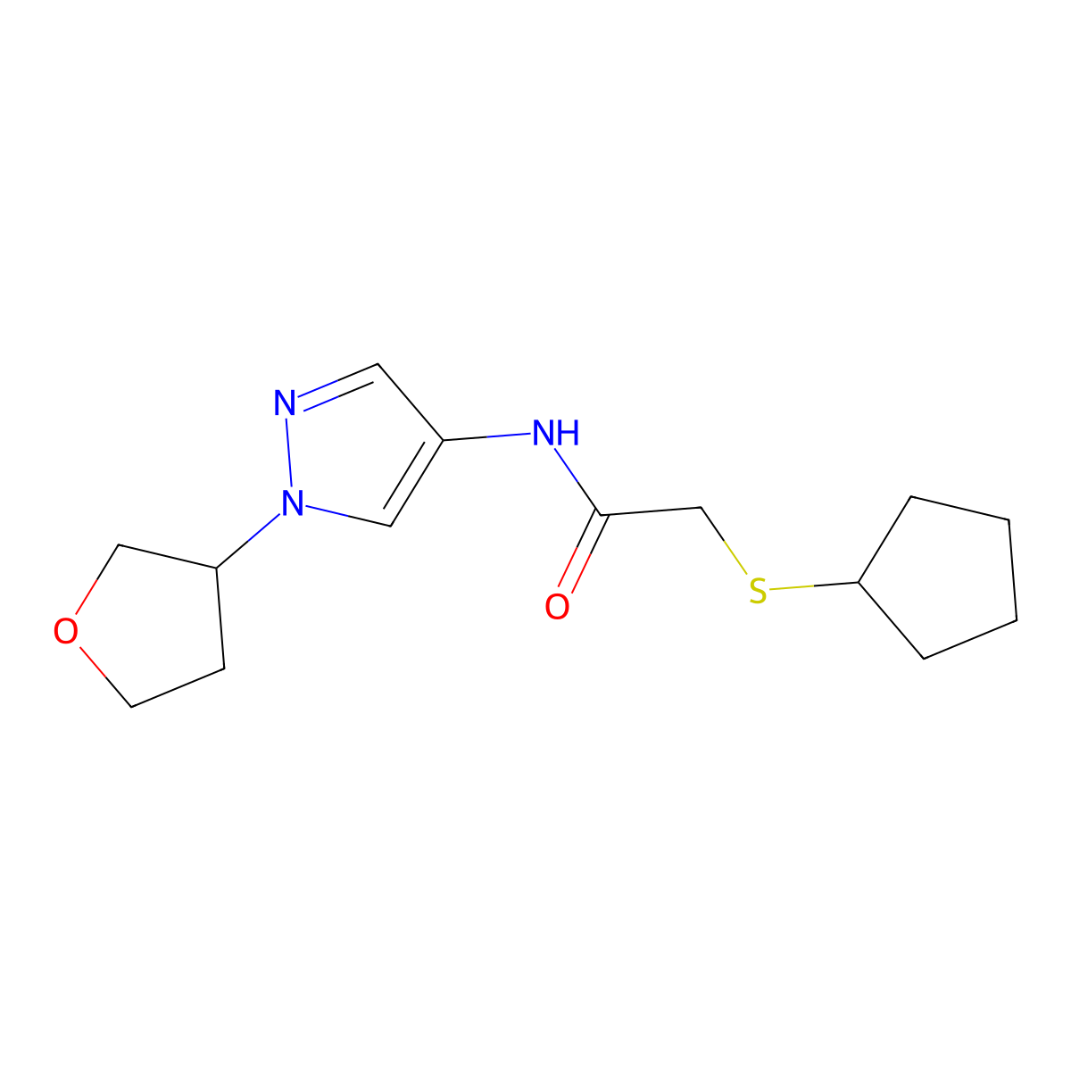 2-(cyclopentylthio)-N-(1-(tetrahydrofuran-3-yl)-1H-pyrazol-4-yl)acetamide molecular structure, CAS 1797350-71-0