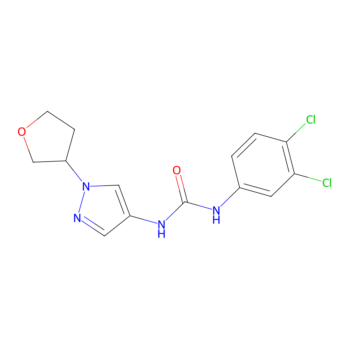 1-(3,4-dichlorophenyl)-3-(1-(tetrahydrofuran-3-yl)-1H-pyrazol-4-yl)urea molecular structure, CAS 1797350-98-1