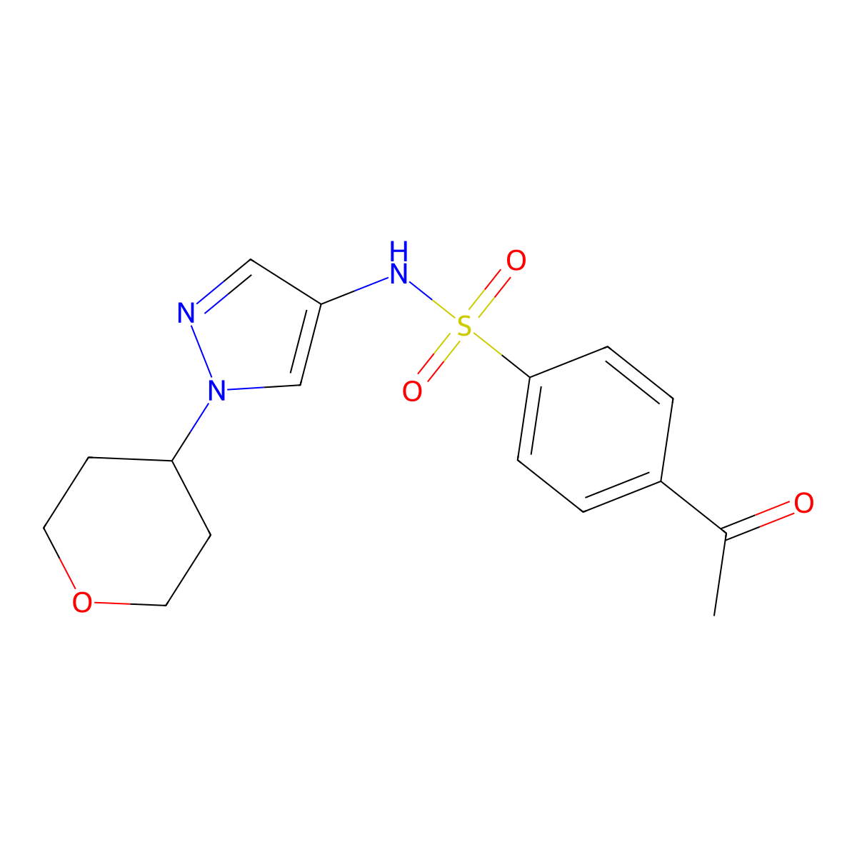 4-acetyl-N-(1-(tetrahydro-2H-pyran-4-yl)-1H-pyrazol-4-yl)benzenesulfonamide molecular structure, CAS 1797351-54-2