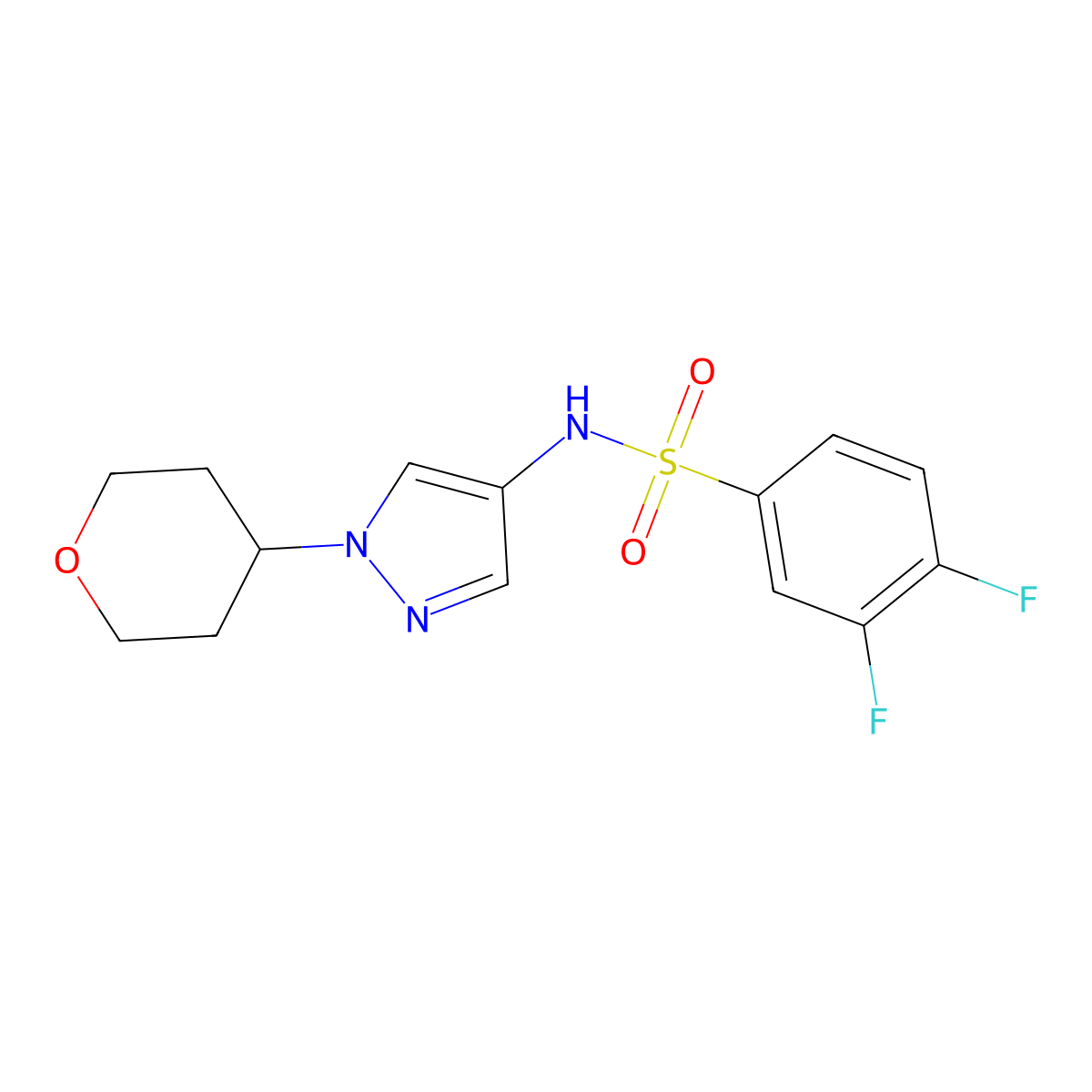 3,4-difluoro-N-(1-(tetrahydro-2H-pyran-4-yl)-1H-pyrazol-4-yl)benzenesulfonamide molecular structure, CAS 1797351-69-9
