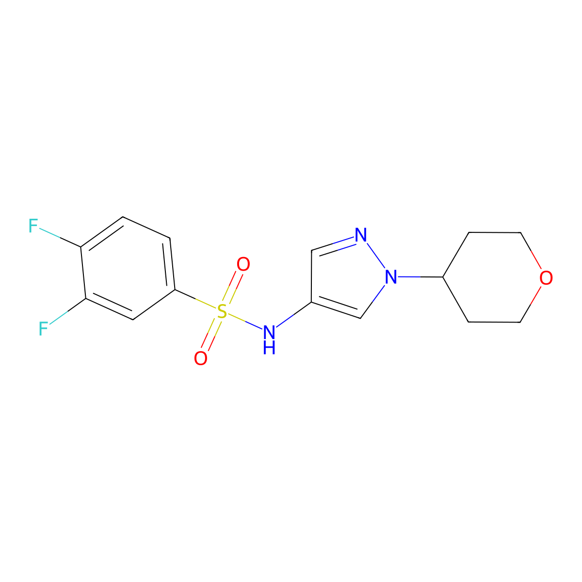 3,4-difluoro-N-(1-(tetrahydro-2H-pyran-4-yl)-1H-pyrazol-4-yl)benzenesulfonamide molecular structure, CAS 1797351-69-9
