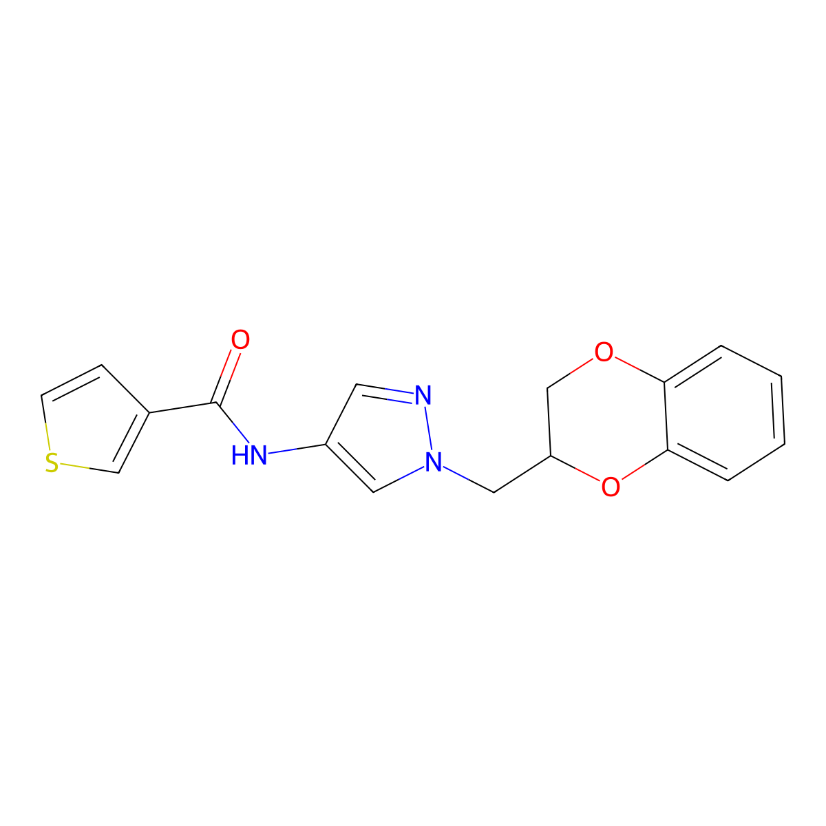 N-(1-((2,3-dihydrobenzo[b][1,4]dioxin-2-yl)methyl)-1H-pyrazol-4-yl)thiophene-3-carboxamide molecular structure, CAS 1797351-94-0