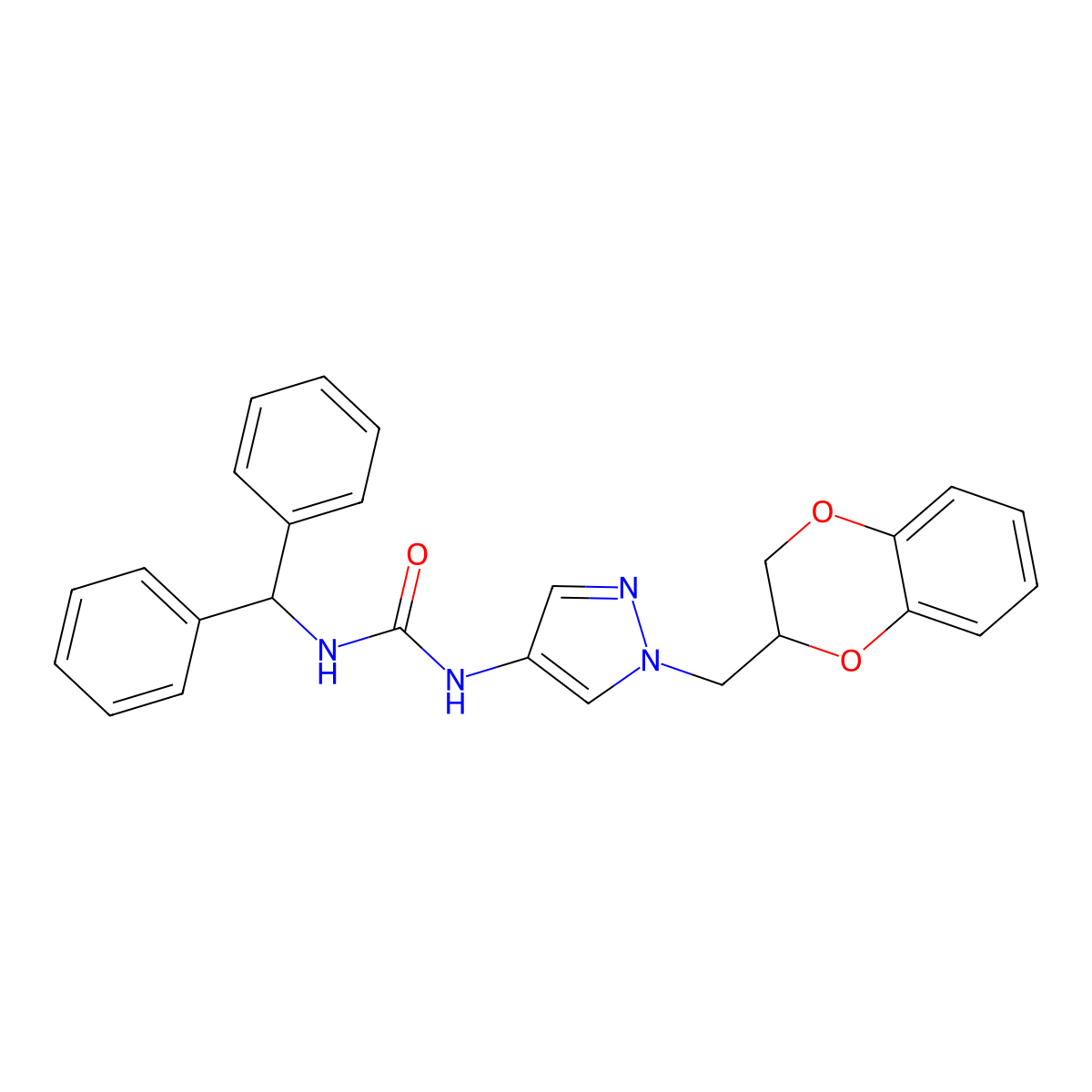 1-benzhydryl-3-(1-((2,3-dihydrobenzo[b][1,4]dioxin-2-yl)methyl)-1H-pyrazol-4-yl)urea molecular structure, CAS 1797352-03-4
