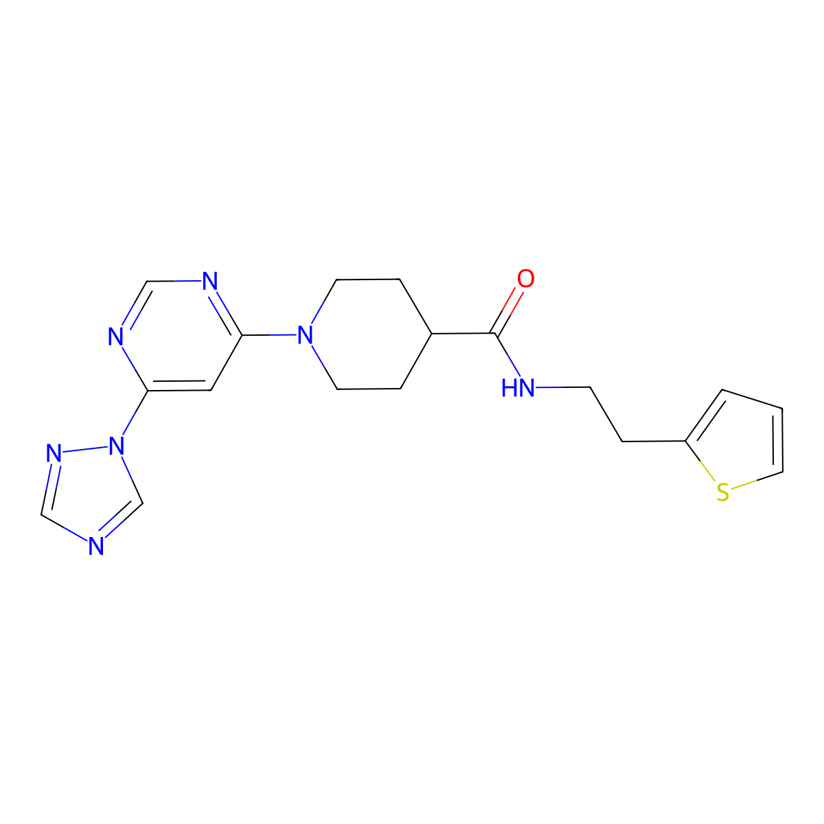 1-(6-(1H-1,2,4-triazol-1-yl)pyrimidin-4-yl)-N-(2-(thiophen-2-yl)ethyl)piperidine-4-carboxamide molecular structure, CAS 1797356-96-7