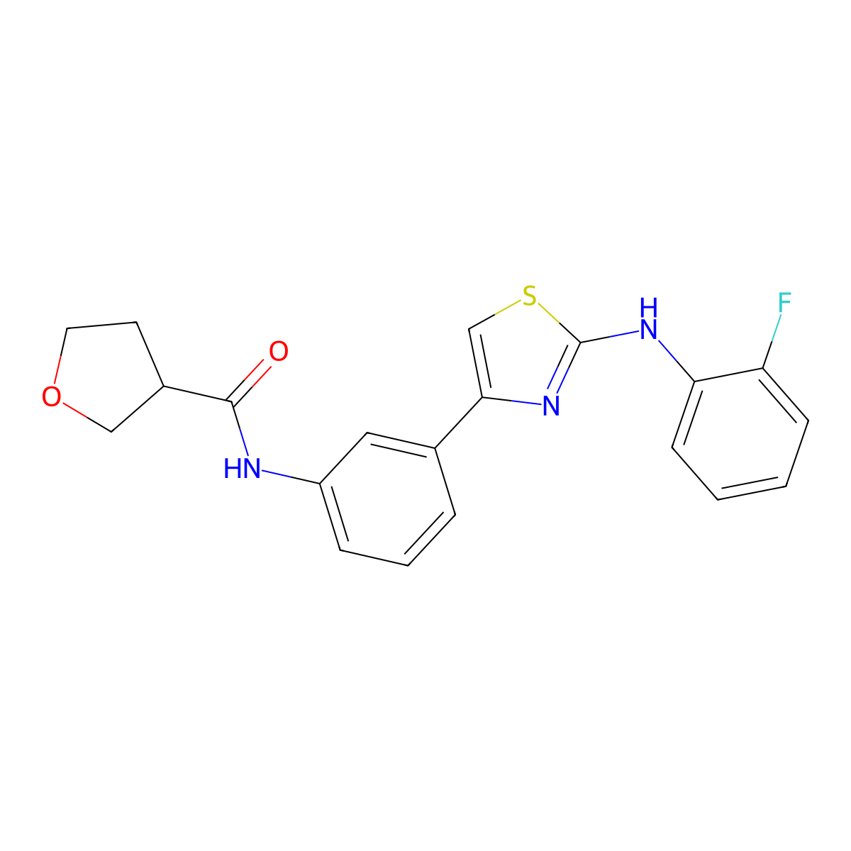N-(3-(2-((2-fluorophenyl)amino)thiazol-4-yl)phenyl)tetrahydrofuran-3-carboxamide molecular structure, CAS 1797366-84-7