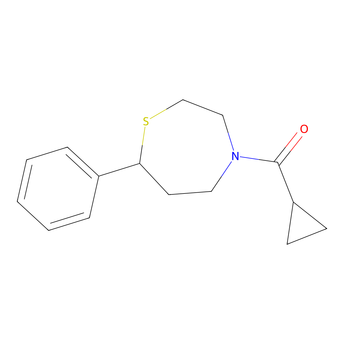 Cyclopropyl(7-phenyl-1,4-thiazepan-4-yl)methanone molecular structure, CAS 1797368-90-1