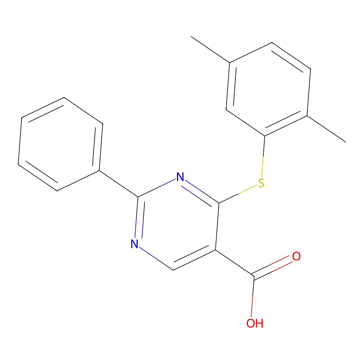 4-[(2,5-Dimethylphenyl)sulfanyl]-2-phenylpyrimidine-5-carboxylic acid molecular structure, CAS 1797376-50-1
