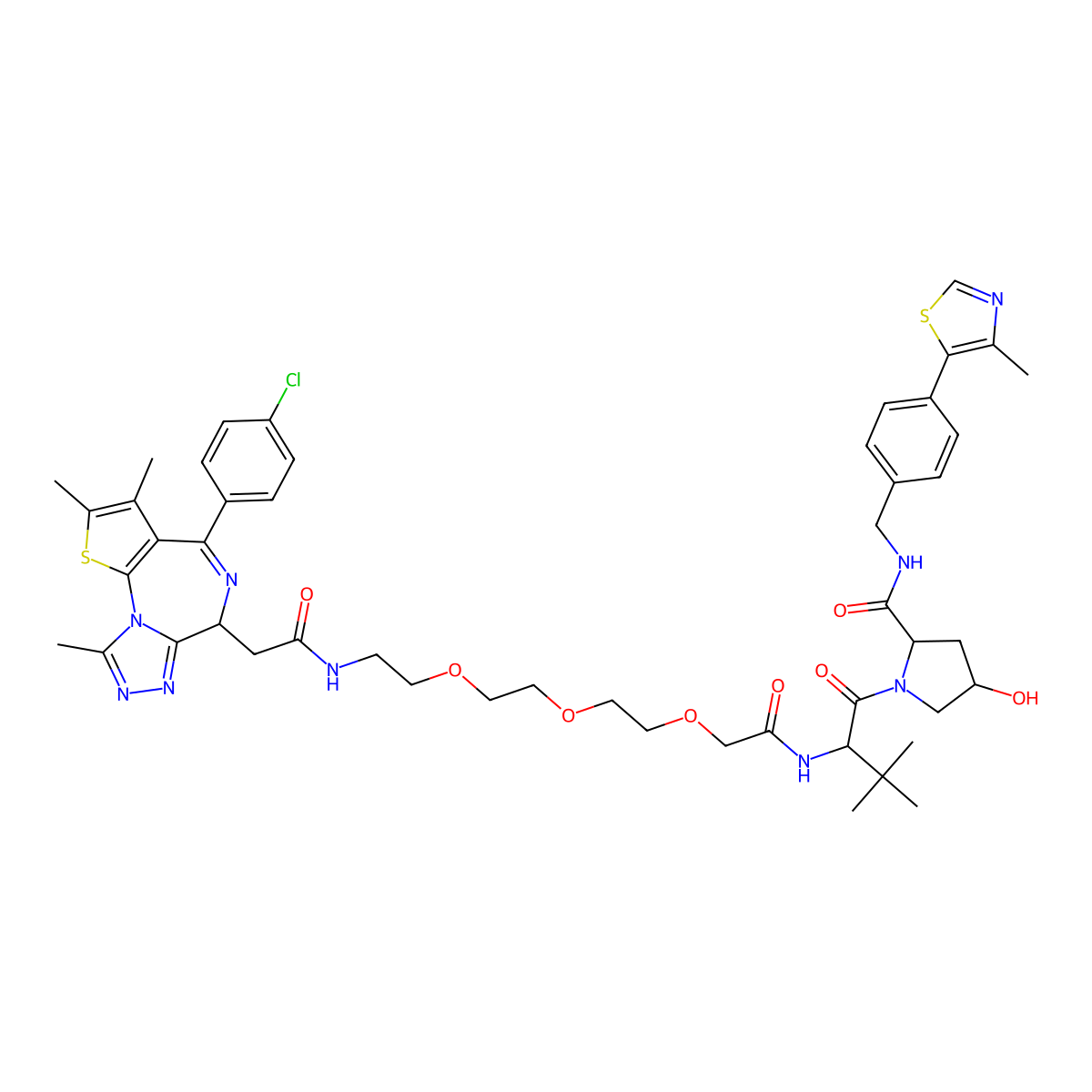 L-Prolinamide, N-(14-((6S)-4-(4-chlorophenyl)-2,3,9-trimethyl-6H-thieno(3,2-f)(1,2,4)triazolo(4,3-a)(1,4)diazepin-6-yl)-1,13-dioxo-3,6,9-trioxa-12-azatetradec-1-yl)-3-methyl-L-valyl-4-hydroxy-N-((4-(4-methyl-5-thiazolyl)phenyl)methyl)-, (4S)- molecular structure, CAS 1797406-72-4