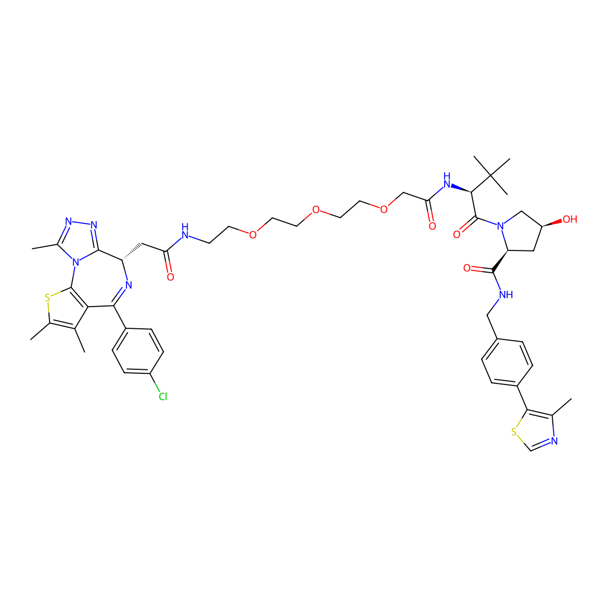 L-Prolinamide, N-(14-((6S)-4-(4-chlorophenyl)-2,3,9-trimethyl-6H-thieno(3,2-f)(1,2,4)triazolo(4,3-a)(1,4)diazepin-6-yl)-1,13-dioxo-3,6,9-trioxa-12-azatetradec-1-yl)-3-methyl-L-valyl-4-hydroxy-N-((4-(4-methyl-5-thiazolyl)phenyl)methyl)-, (4S)- molecular structure, CAS 1797406-72-4