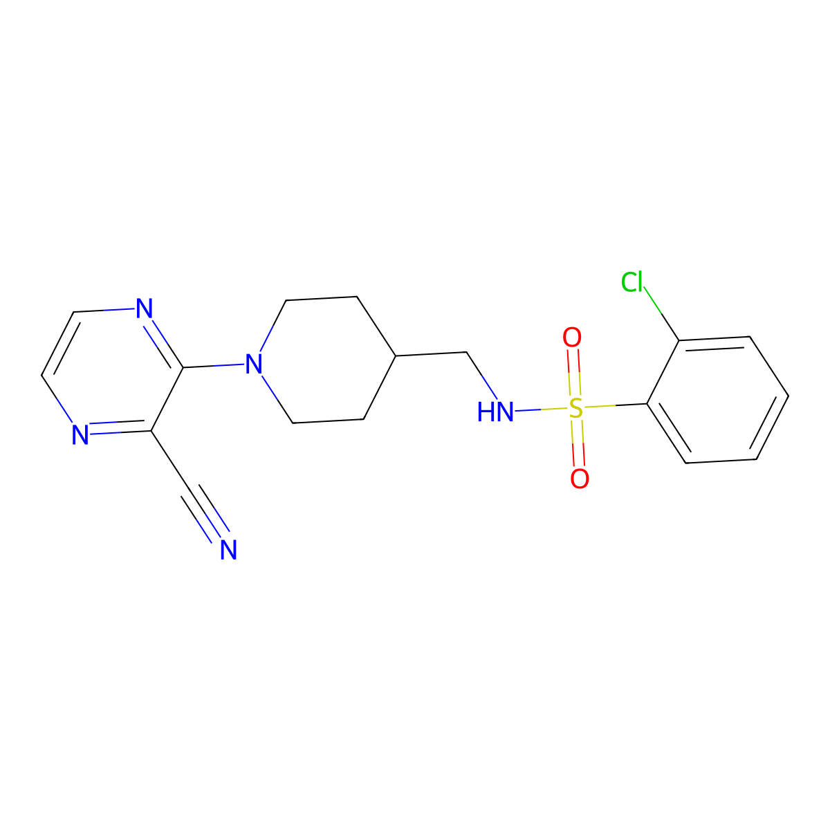 2-chloro-N-((1-(3-cyanopyrazin-2-yl)piperidin-4-yl)methyl)benzenesulfonamide molecular structure, CAS 1797535-32-0