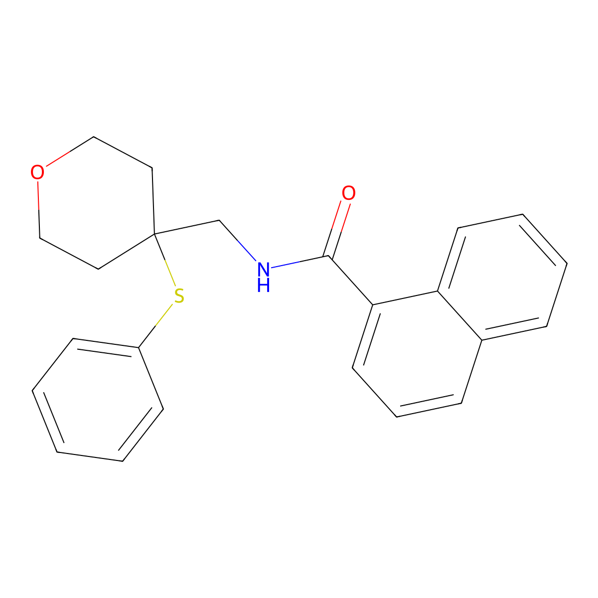 N-((4-(phenylthio)tetrahydro-2H-pyran-4-yl)methyl)-1-naphthamide molecular structure, CAS 1797535-63-7