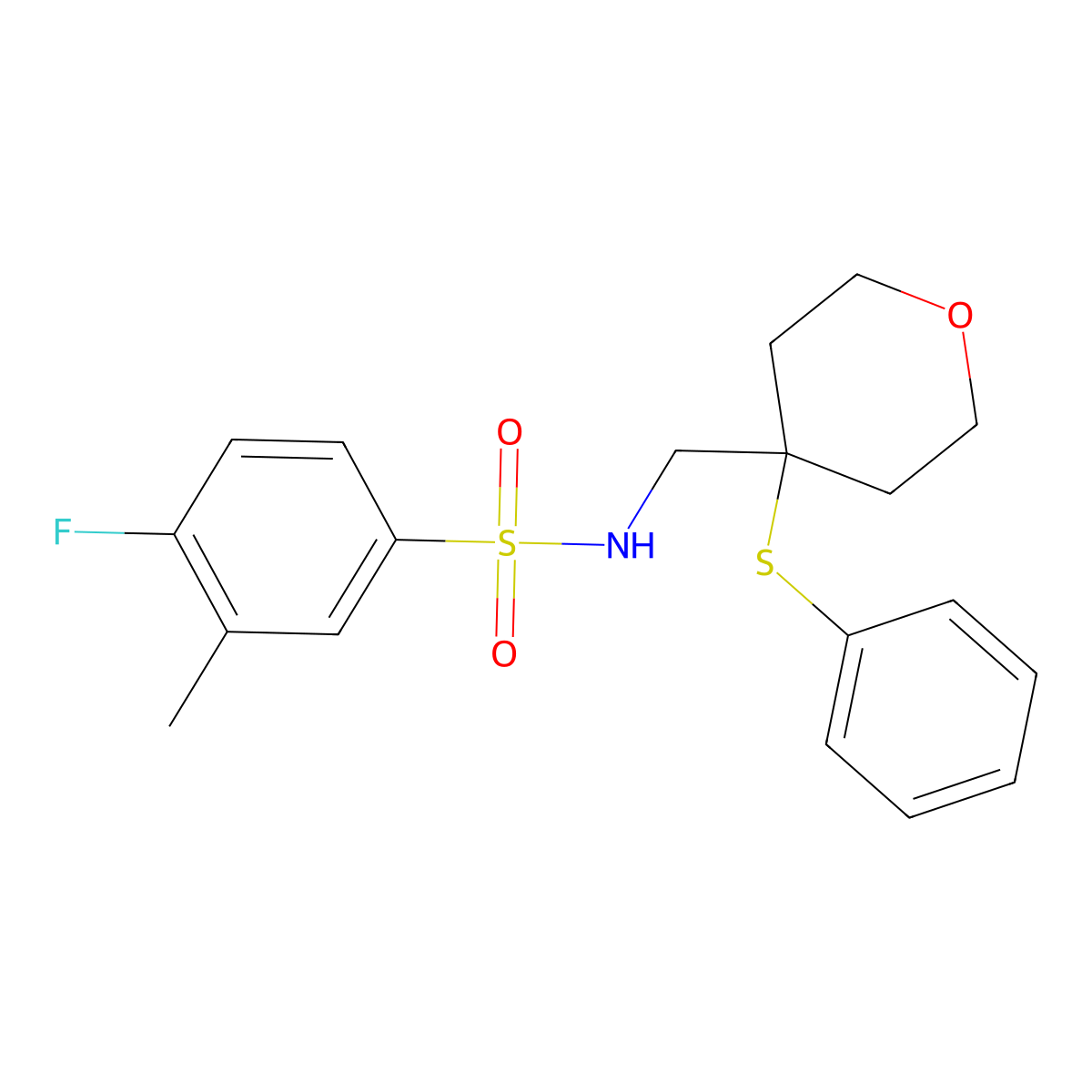 4-fluoro-3-methyl-N-((4-(phenylthio)tetrahydro-2H-pyran-4-yl)methyl)benzenesulfonamide molecular structure, CAS 1797535-76-2