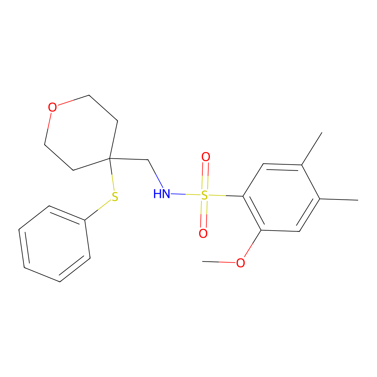 2-methoxy-4,5-dimethyl-N-((4-(phenylthio)tetrahydro-2H-pyran-4-yl)methyl)benzenesulfonamide molecular structure, CAS 1797535-84-2