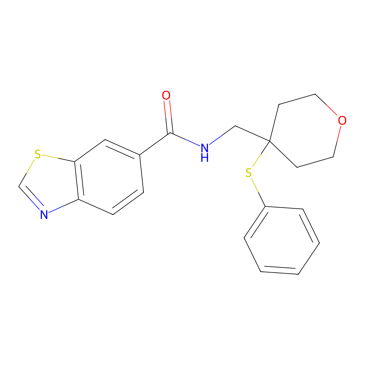 N-((4-(phenylthio)tetrahydro-2H-pyran-4-yl)methyl)benzo[d]thiazole-6-carboxamide molecular structure, CAS 1797536-02-7