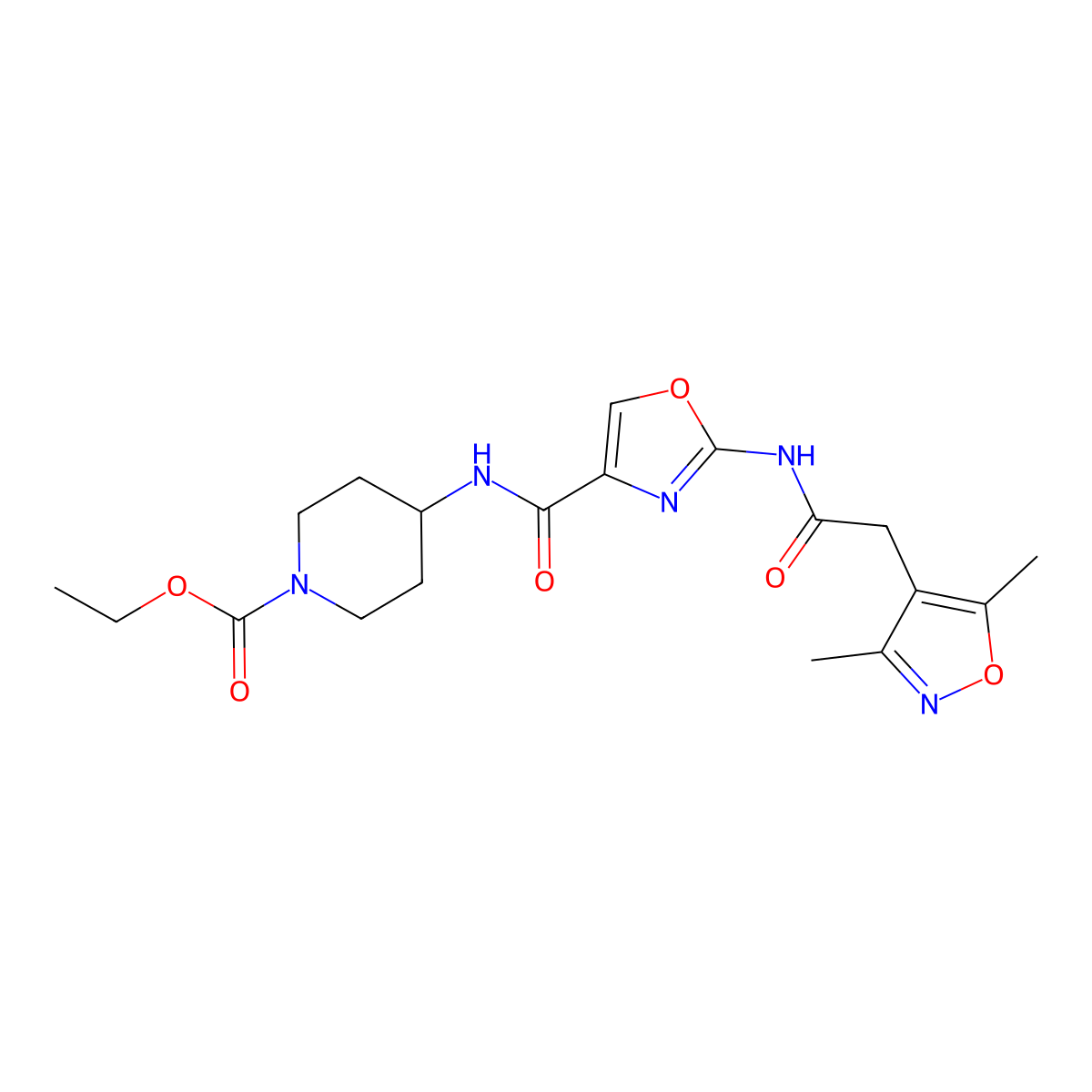Ethyl 4-(2-(2-(3,5-dimethylisoxazol-4-yl)acetamido)oxazole-4-carboxamido)piperidine-1-carboxylate molecular structure, CAS 1797536-19-6