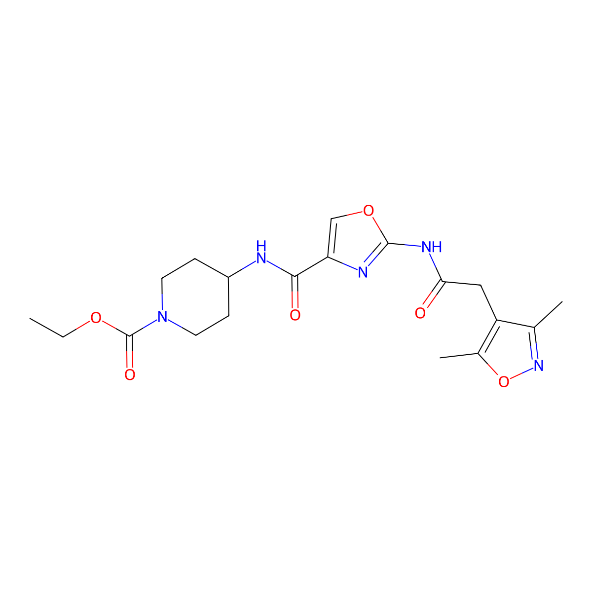 Ethyl 4-(2-(2-(3,5-dimethylisoxazol-4-yl)acetamido)oxazole-4-carboxamido)piperidine-1-carboxylate molecular structure, CAS 1797536-19-6