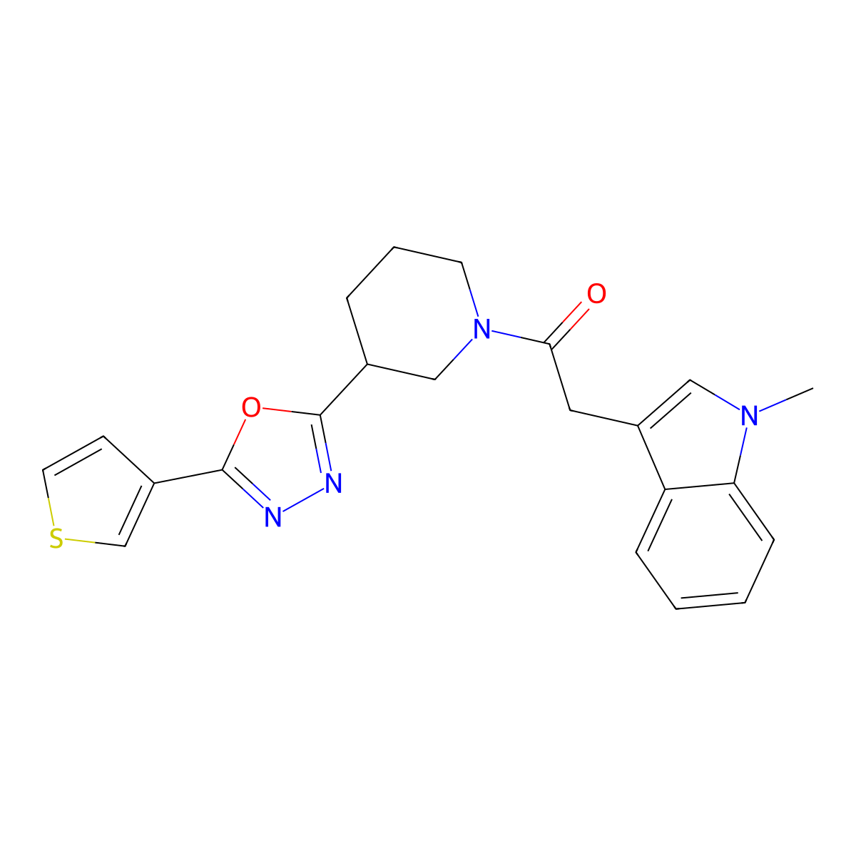 2-(1-methyl-1H-indol-3-yl)-1-(3-(5-(thiophen-3-yl)-1,3,4-oxadiazol-2-yl)piperidin-1-yl)ethanone molecular structure, CAS 1797536-45-8