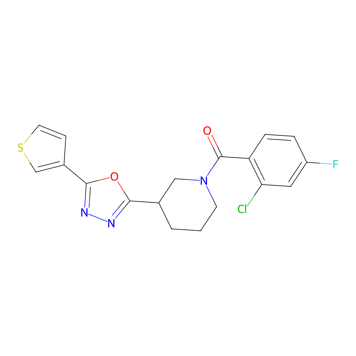 (2-Chloro-4-fluorophenyl)(3-(5-(thiophen-3-yl)-1,3,4-oxadiazol-2-yl)piperidin-1-yl)methanone molecular structure, CAS 1797536-71-0