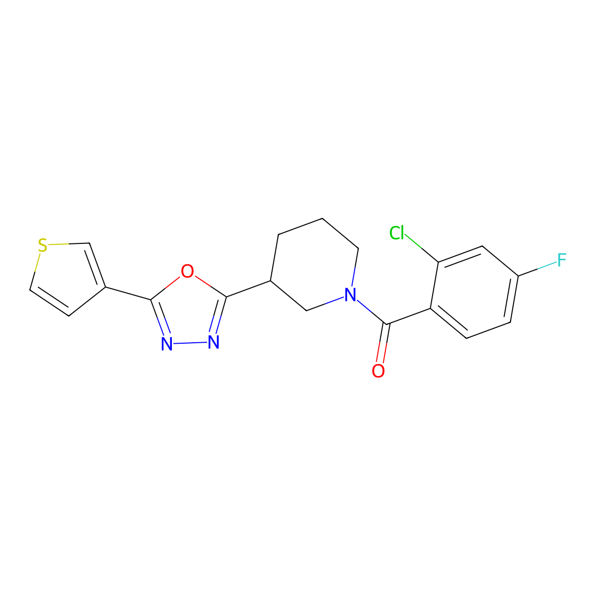 (2-Chloro-4-fluorophenyl)(3-(5-(thiophen-3-yl)-1,3,4-oxadiazol-2-yl)piperidin-1-yl)methanone molecular structure, CAS 1797536-71-0